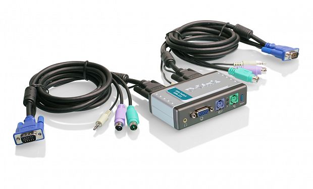 KVM переключатель D-Link KVM-121 [2 порта SVGA (HDB-15), клавиатура+мышь PS/2, аудио] (кабели в комплекте)